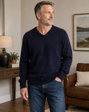 Heather & Tweed Men’s XL 100% Lambswool V Neck Sweater Navy Blue Fine Knit